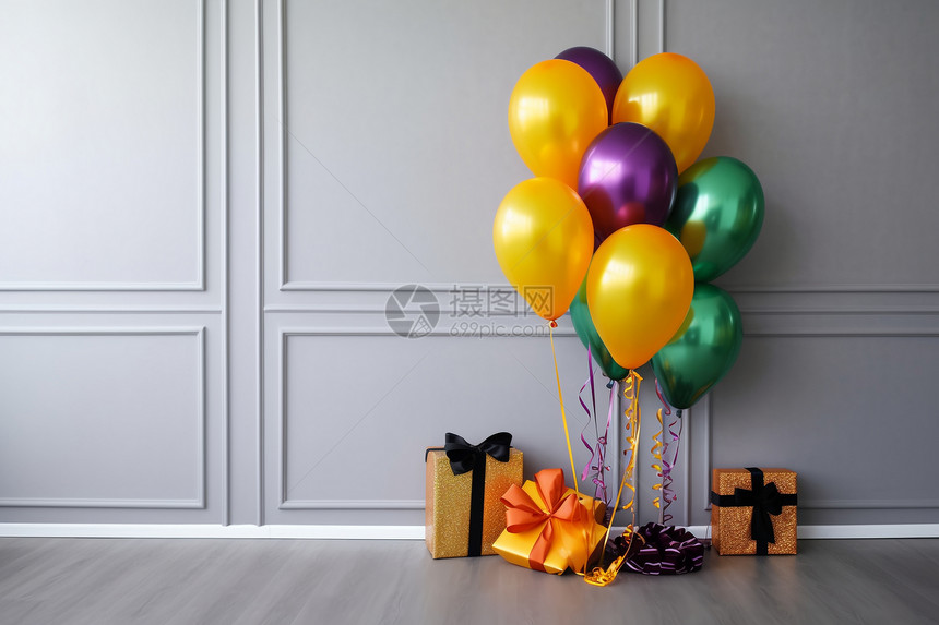 不同颜色的气球配有礼物图片