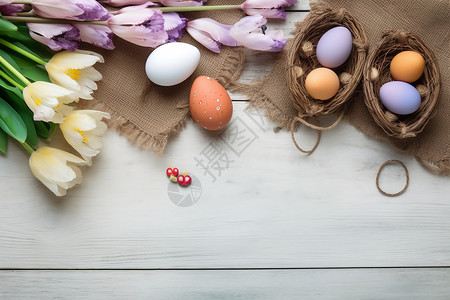 彩色路标菜单彩色的鸡蛋和花束背景