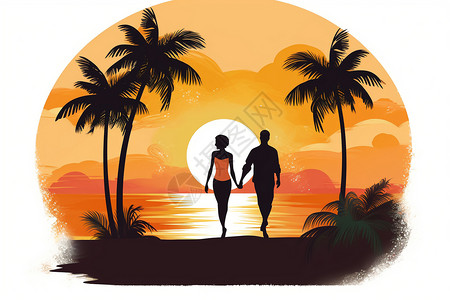 日落下夫妇沿着沙滩散步图片