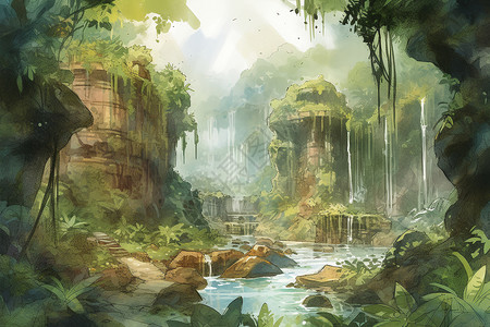 丛林瀑布的美丽景观插图背景图片