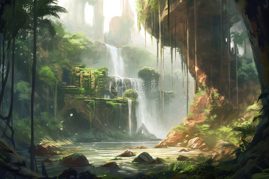 夏季森林中的瀑布景观插图图片
