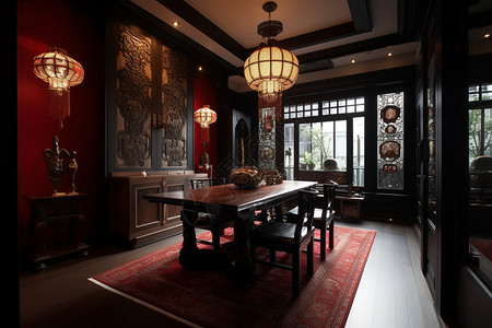 新中式室内家居茶室场景背景图片