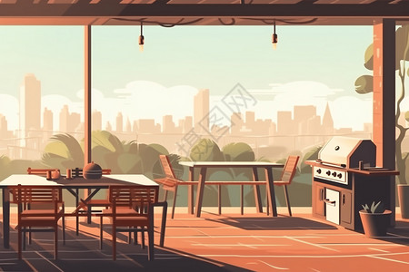 夏季露天阳台的餐厅平面插图背景图片