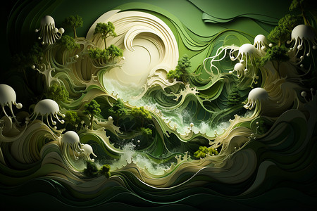 高清水母素材剪纸风抽象绿色波浪设计图片