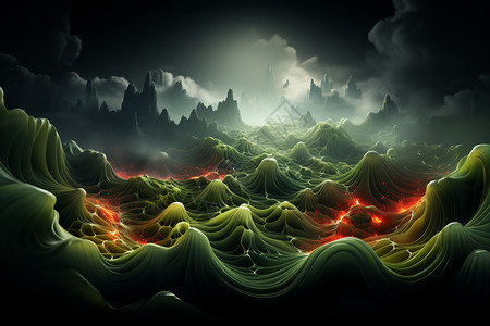 红色简约爆炸效果元素绿色波浪的植物元素抽象效果设计图片