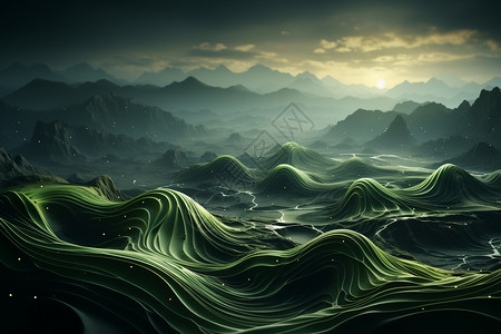 3D抽象绿色波浪背景图片