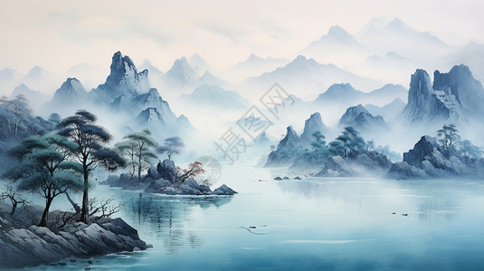 迷雾笼罩的山间风景山水画图片