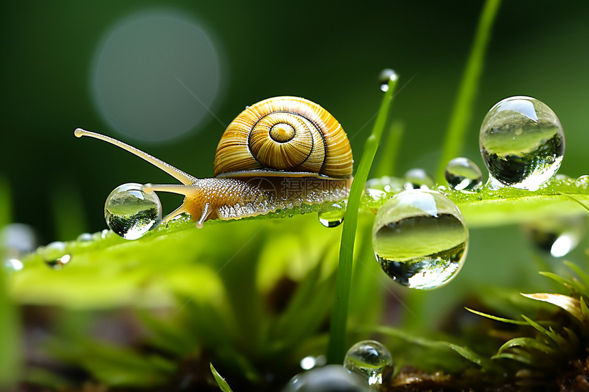 雨后树叶上的蜗牛图片