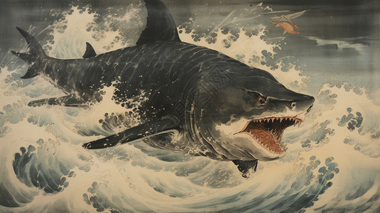 手绘长尾鲨手绘凶猛的黑鲨平面插图插画