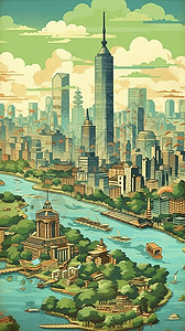 现代化大都市的卡通插图背景图片