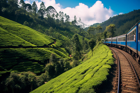 斯里兰卡火车热带国家的小山背景