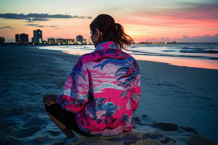 黄昏时沙滩上的女孩背景图片