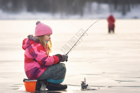 冬季垂钓冰上钓鱼的小女孩背景