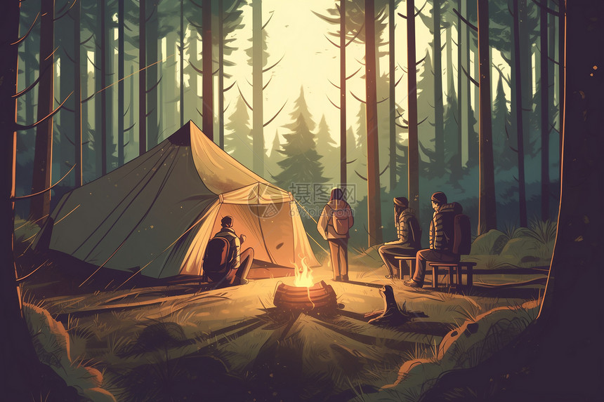 秋天户外露营的平面插图图片