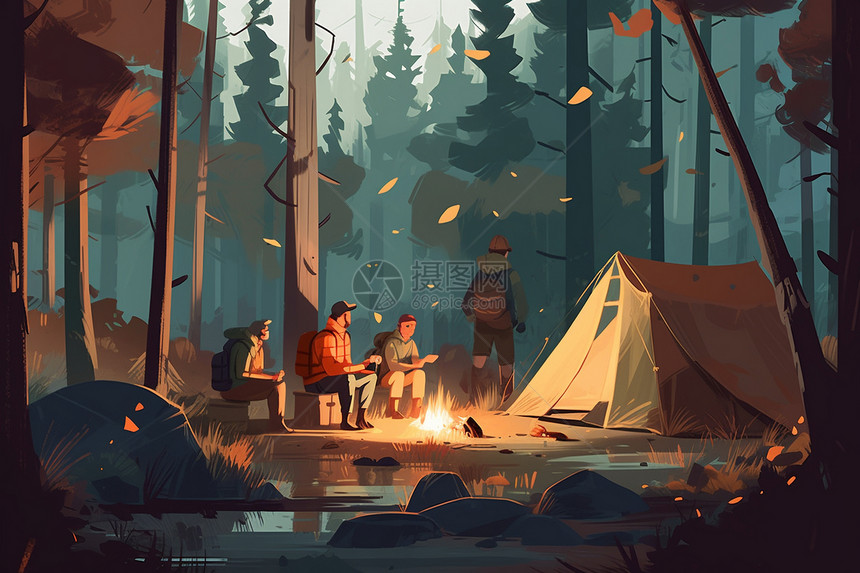 森林中露营的朋友平面插图图片