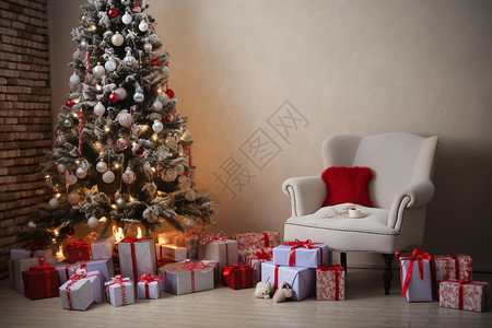 房间内的圣诞树和礼物圣诞灯高清图片素材