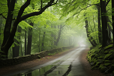 大雨过后的森林道路景观图片