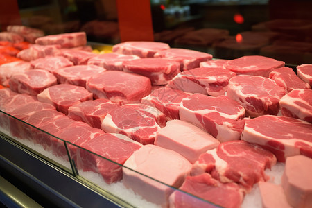 冰柜中保鲜冷藏的新鲜猪肉图片