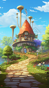 宁静的卡通蘑菇屋背景图片