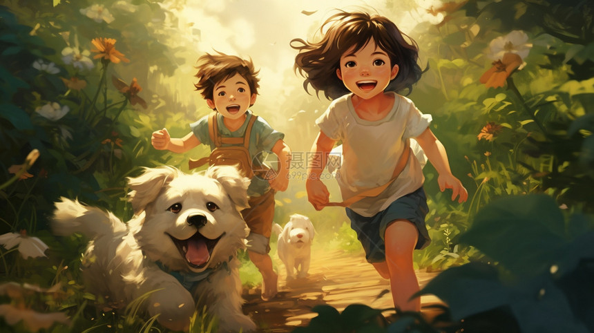 树林里玩耍的孩子和小狗图片