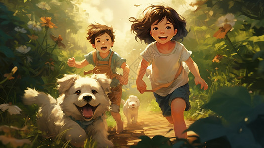 树林里玩耍的孩子和小狗图片