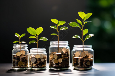 金融增长概念硬币和绿植背景图片