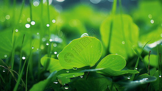 雨后池塘中的荷叶图片