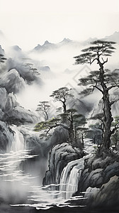 松树素材照片创意山间松树林水墨画插画