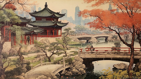 中国风庭院的创意水墨画背景图片