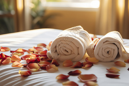 床上的毛巾和花瓣背景图片