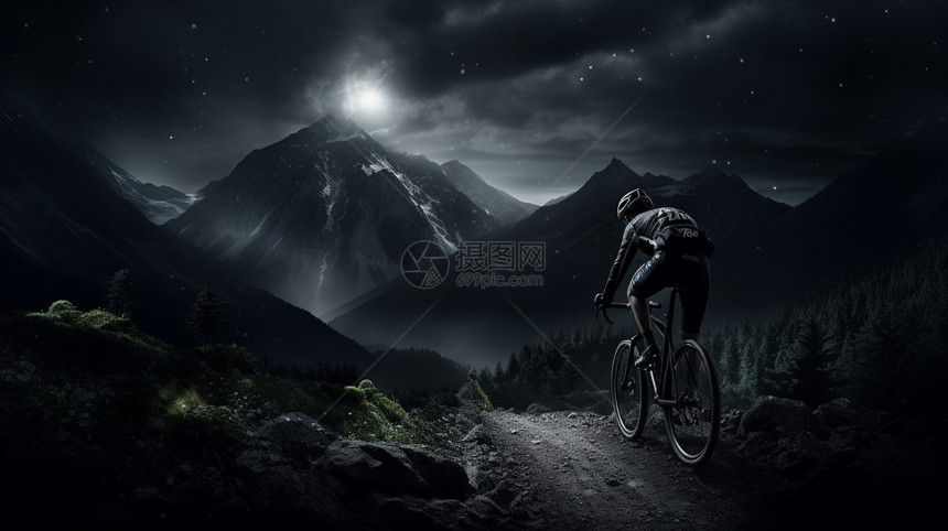 夜晚山间崎岖道路骑行的男子图片