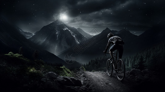 夜间道路夜晚山间崎岖道路骑行的男子设计图片