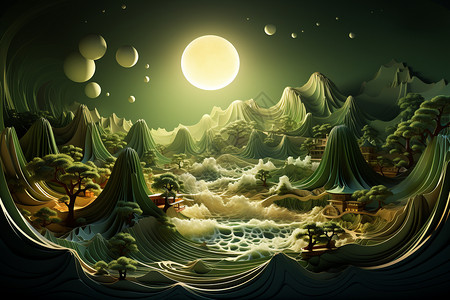 抽象3D月亮和海浪风景背景图片