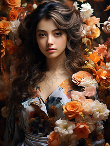 被花朵环绕的美女背景图片
