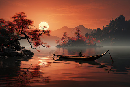 秋季江水浮帆景色背景图片