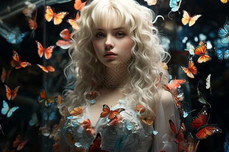 彩色蝴蝶围绕在白发女孩身边背景图片