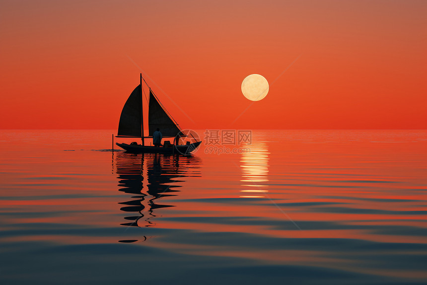 日落时分湖面上的小船图片