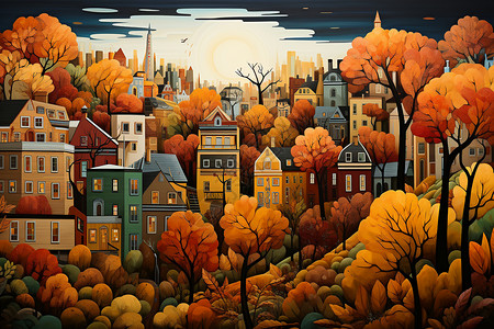 创意秋天色城市建筑景观背景图片