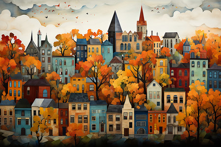 创意秋天色城市建筑景观背景图片
