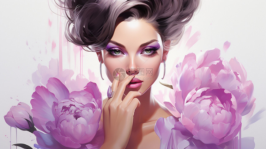 紫色鲜花氛围感女子图片