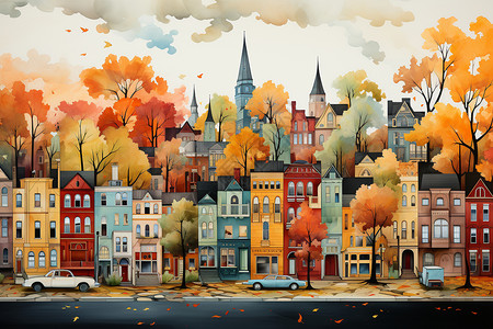 秋天色调的城市建筑插图图片