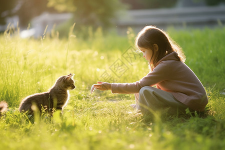 饥饿女孩关怀可爱宠物猫背景