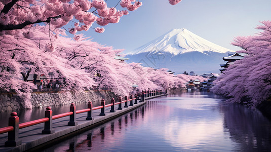 春天富士山的美丽景观背景图片