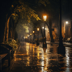 雨天城市街头照明的路灯图片