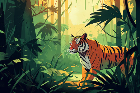 警觉丛林中威猛的老虎插画