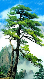 夏季山间的迎宾树水墨画背景图片