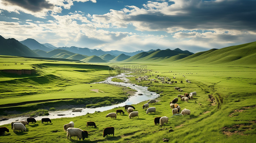 夏季大草原上放牧的牛群图片
