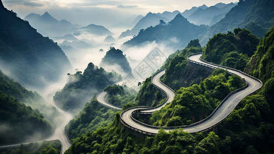 夏季郁郁葱葱的高原山区山路背景图片