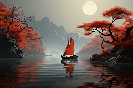 中式艺术船舶场景背景图片