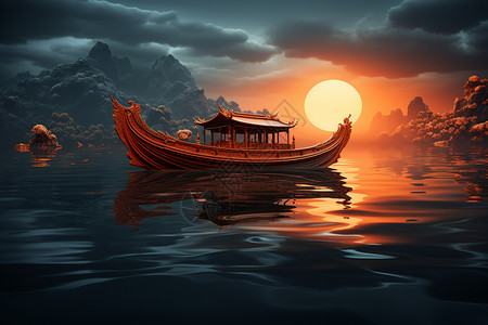 夜晚湖面上泛舟的游船背景图片